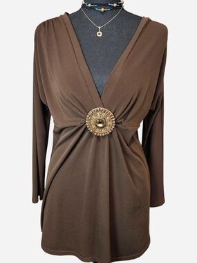 Vintage Cache Chocolate Brown V-Neck Tunic Top Gold Beaded Medallion Large Fit